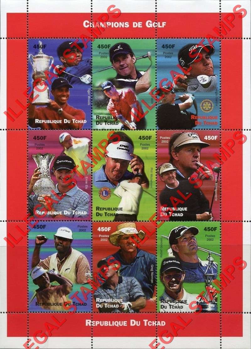 Chad 2002 Champions of Golf Illegal Stamps in Sheet of 9