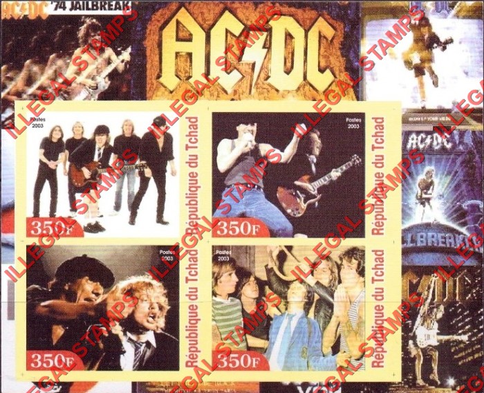 Chad 2003 AC/DC Rock Band Illegal Stamps in Souvenir Sheet of 4