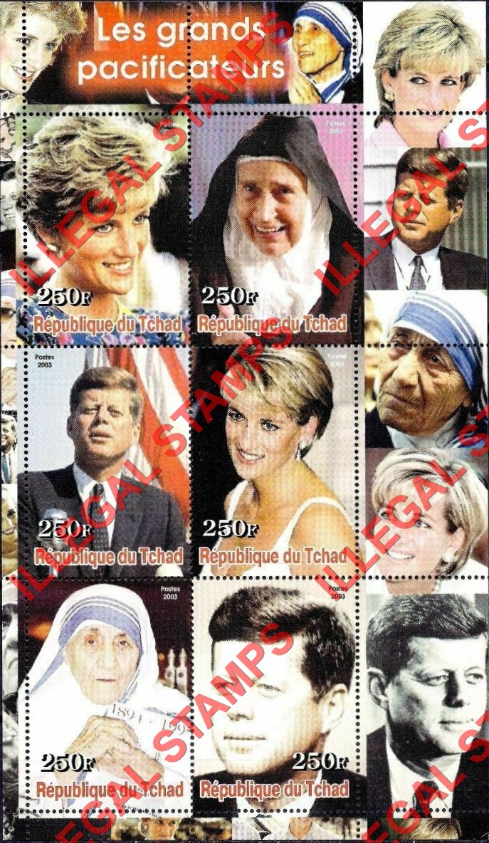 Chad 2003 Great Peacemakers Kennedy, Diana, Mother Teresa Illegal Stamps in Souvenir Sheet of 6
