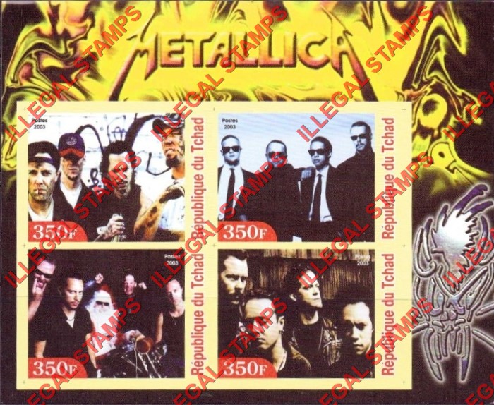 Chad 2003 Metallica Rock Band Illegal Stamps in Souvenir Sheet of 4