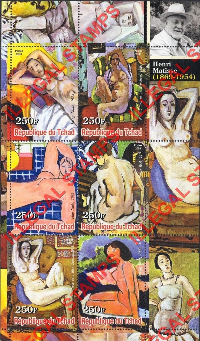 Chad 2003 Paintings by Henri Matisse Illegal Stamps in Souvenir Sheet of 6