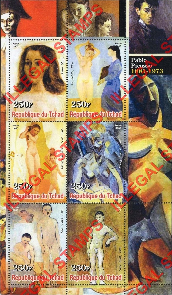 Chad 2003 Paintings by Pablo Picasso Illegal Stamps in Souvenir Sheet of 6