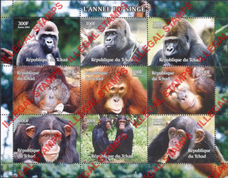Chad 2004 Apes, Gorillas and Monkeys Illegal Stamps in Sheet of 9