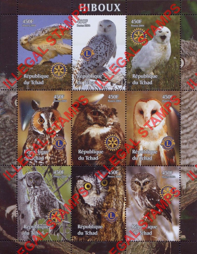Chad 2004 Owls Illegal Stamps in Sheet of 9