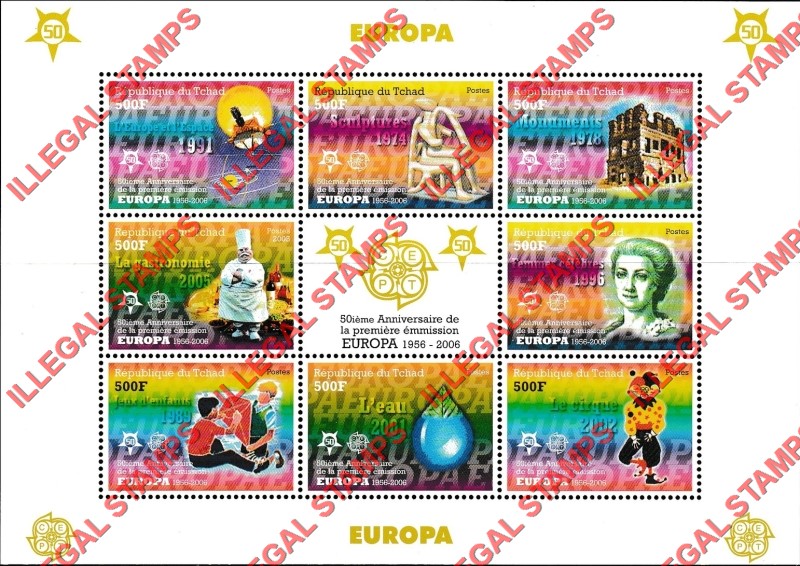 Chad 2005 2006 EUROPA 50th Anniversary Illegal Stamps in Sheet of 8 Plus Label
