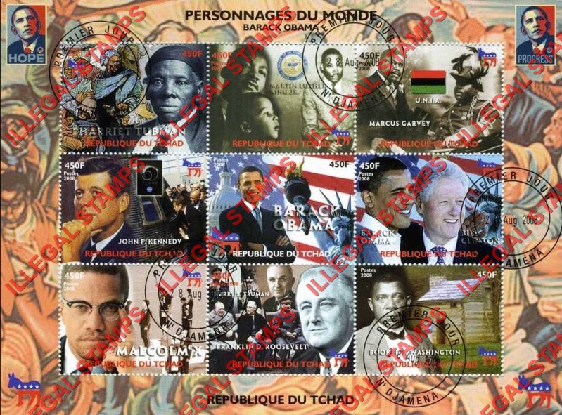 Chad 2008 Personalities Barrack Obama Illegal Stamps in Sheet of 9