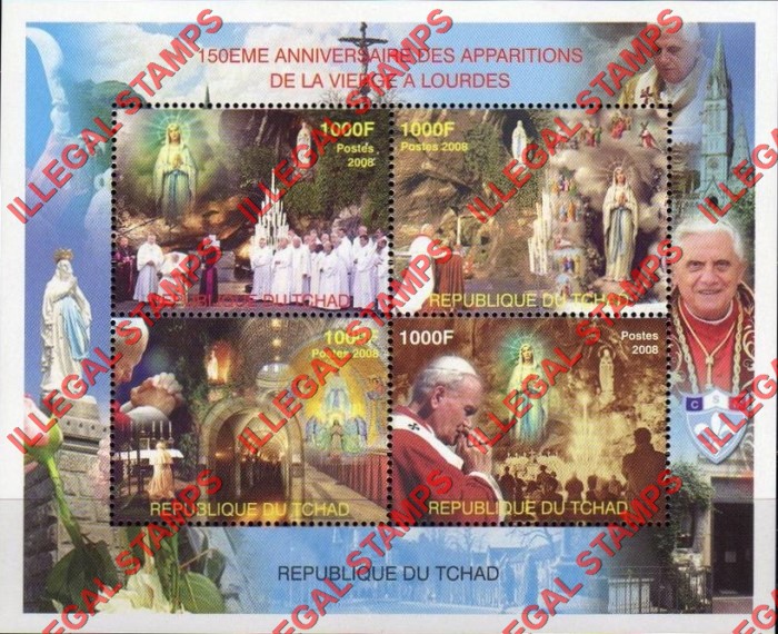Chad 2008 Apparition at Lourdes 150th Anniversary Illegal Stamps in Souvenir Sheet of 4