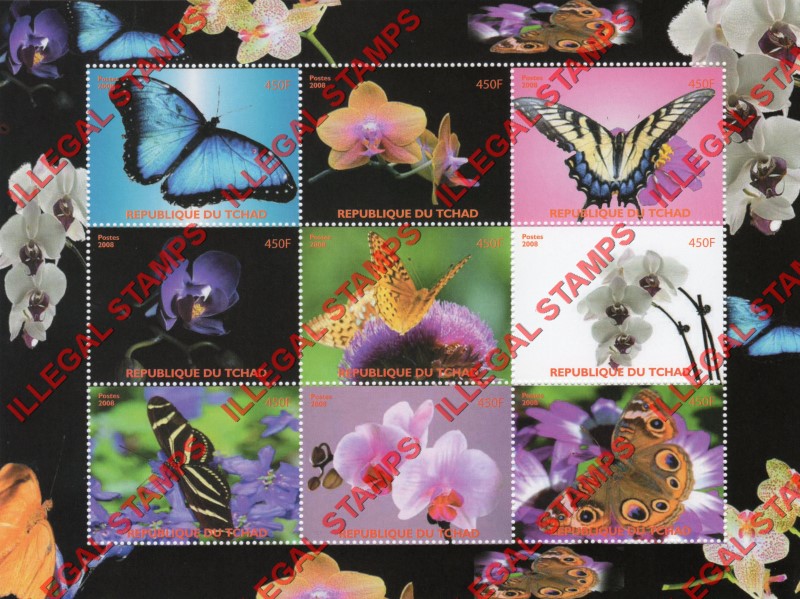 Chad 2008 Butterflies and Orchids Illegal Stamps in Sheet of 9
