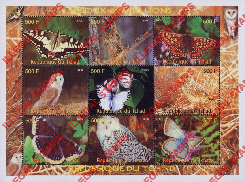Chad 2008 Butterflies and Owls Illegal Stamps in Sheet of 9