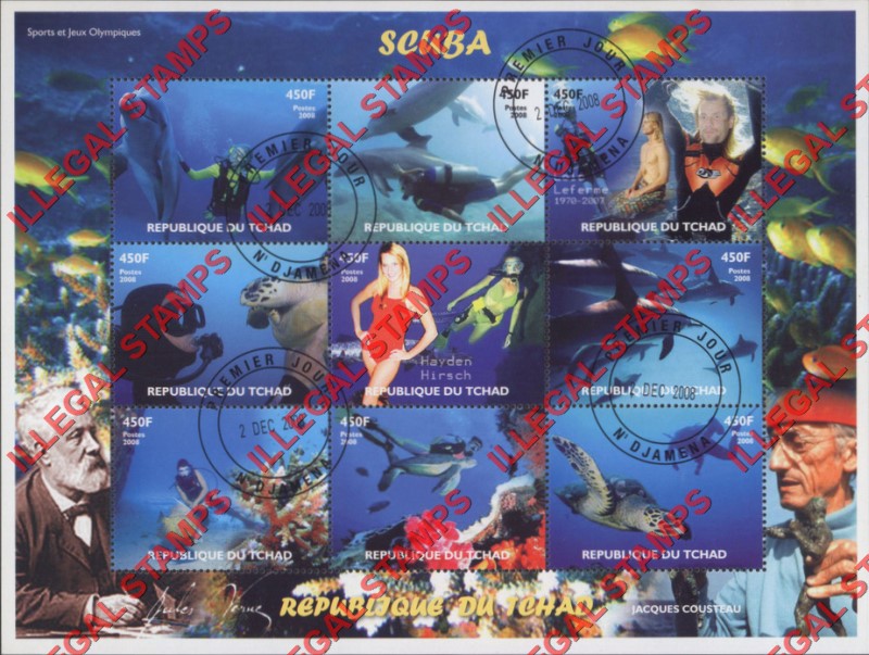 Chad 2008 Scuba Diving Illegal Stamps in Sheet of 9