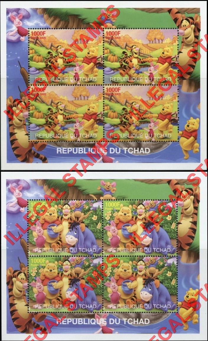 Chad 2008 Winnie the Pooh Illegal Stamps in Souvenir Sheets of 4 (Part 1)