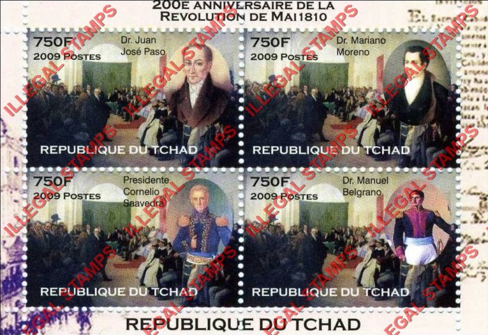 Chad 2009 Argentina 200th Anniversary of the Revolution Illegal Stamps in Souvenir Sheet of 4