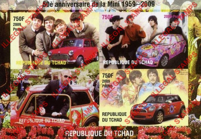 Chad 2009 The Beatles 50th Anniversary of the Mini Cooper Illegal Stamps in Souvenir Sheet of 4