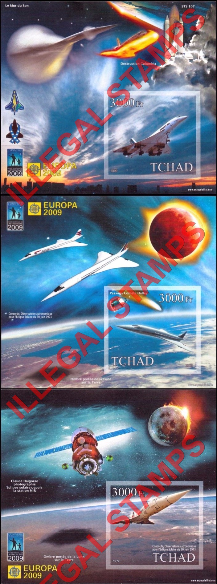 Chad 2009 EUROPA and The Year of Astronomy Concorde Illegal Stamps in Large Souvenir Sheets of 1