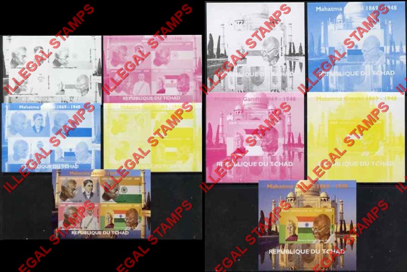 Chad 2009 Mahatma Gandhi Illegal Stamps in Souvenir Sheets of 4 and 1 Color Proof Sets