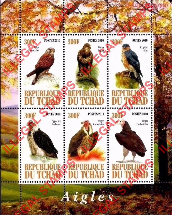 Chad 2010 Birds of Prey Eagles Illegal Stamps in Souvenir Sheet of 6