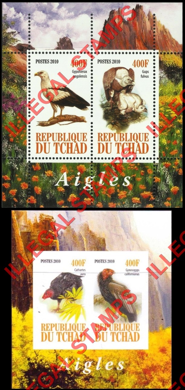 Chad 2010 Birds of Prey Eagles Illegal Stamps in Souvenir Sheets of 2