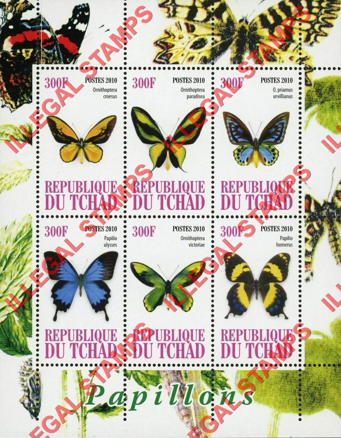 Chad 2010 Butterflies Illegal Stamps in Souvenir Sheet of 6