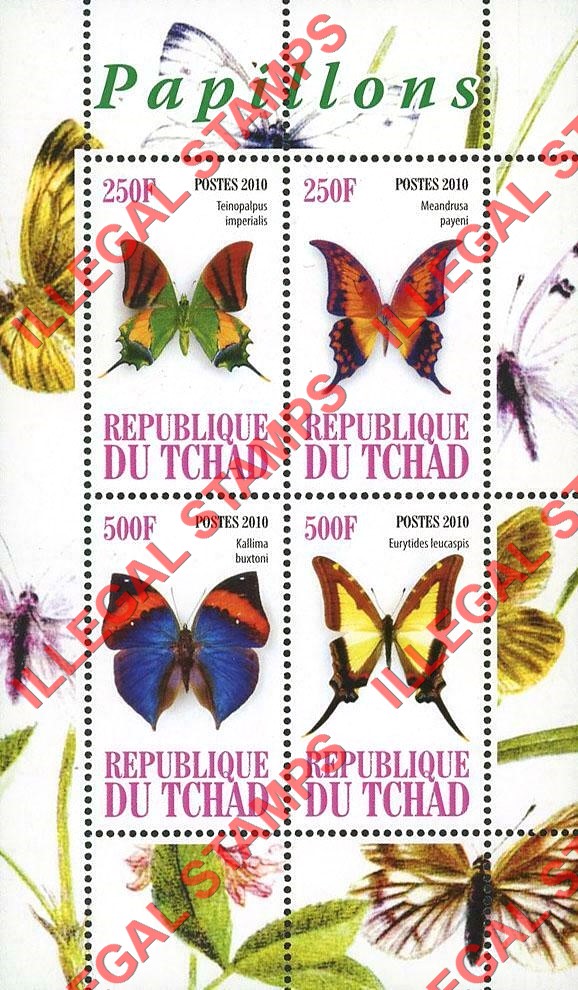 Chad 2010 Butterflies Illegal Stamps in Souvenir Sheet of 4