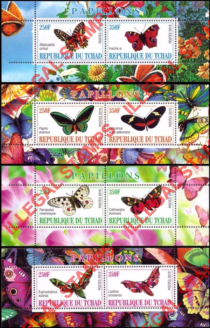 Chad 2010 Butterflies Illegal Stamps in Horizontal Souvenir Sheets of 2