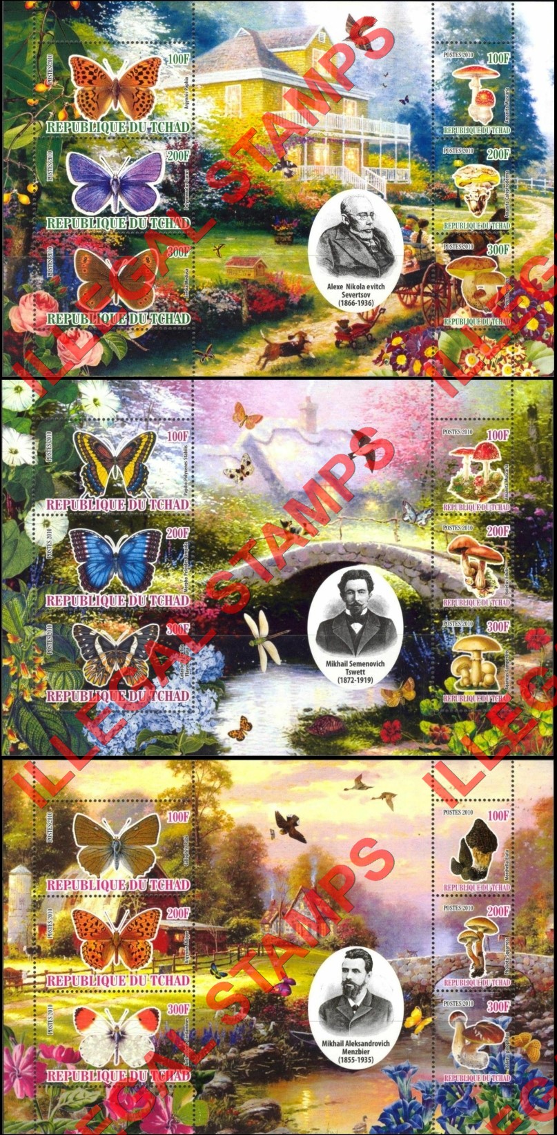 Chad 2010 Butterflies and Mushrooms Illegal Stamps in Souvenir Sheets of 6 (Part 1)