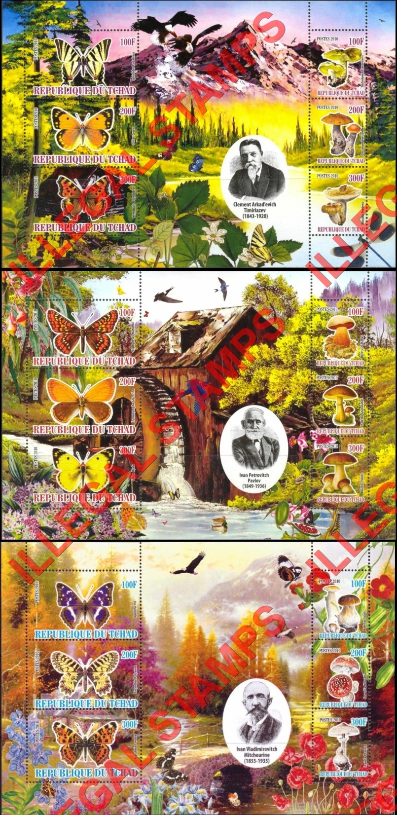 Chad 2010 Butterflies and Mushrooms Illegal Stamps in Souvenir Sheets of 6 (Part 2)