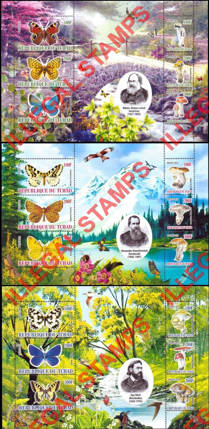 Chad 2010 Butterflies and Mushrooms Illegal Stamps in Souvenir Sheets of 6 (Part 3)
