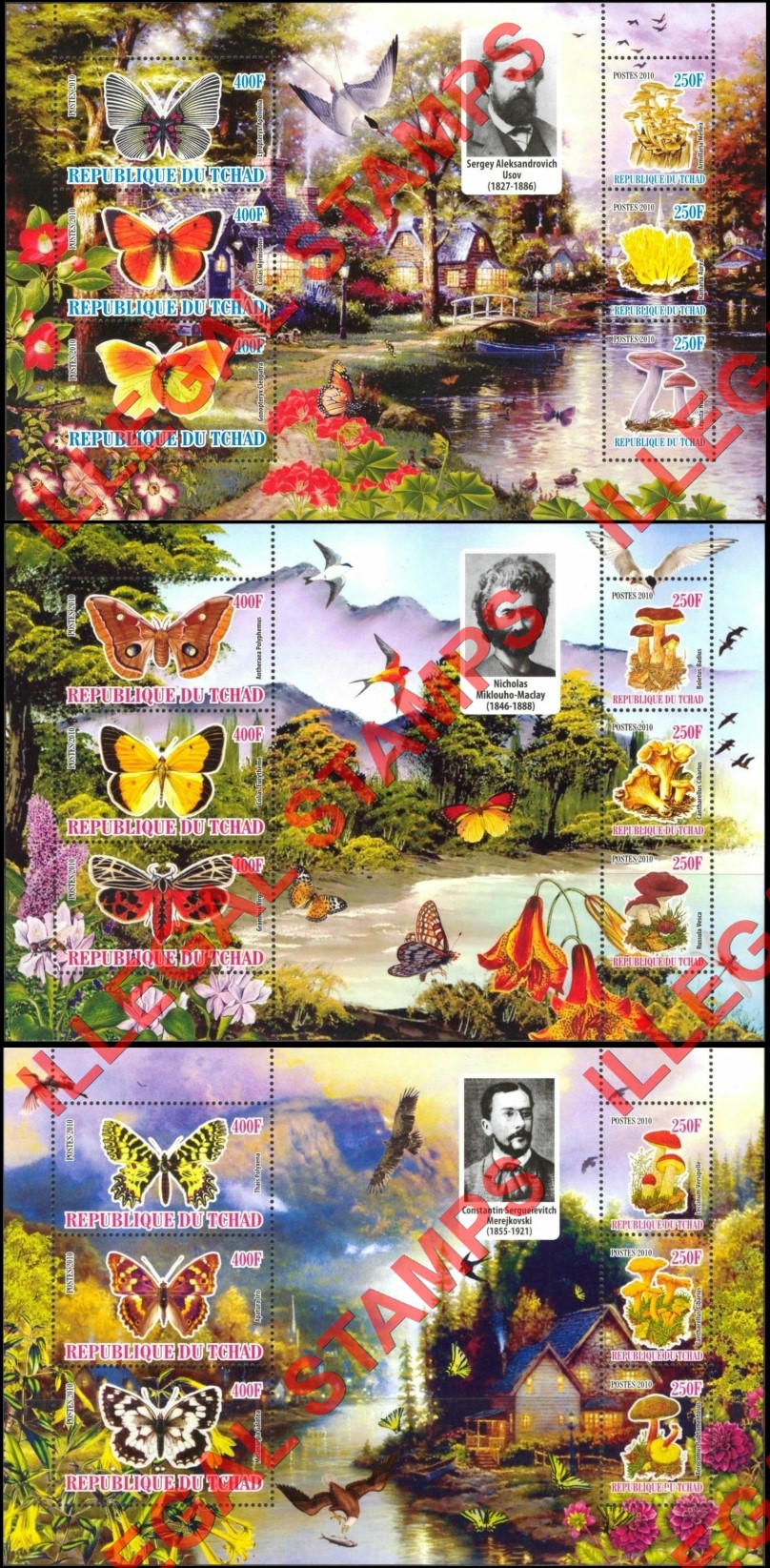 Chad 2010 Butterflies and Mushrooms Illegal Stamps in Souvenir Sheets of 6 (Part 4)