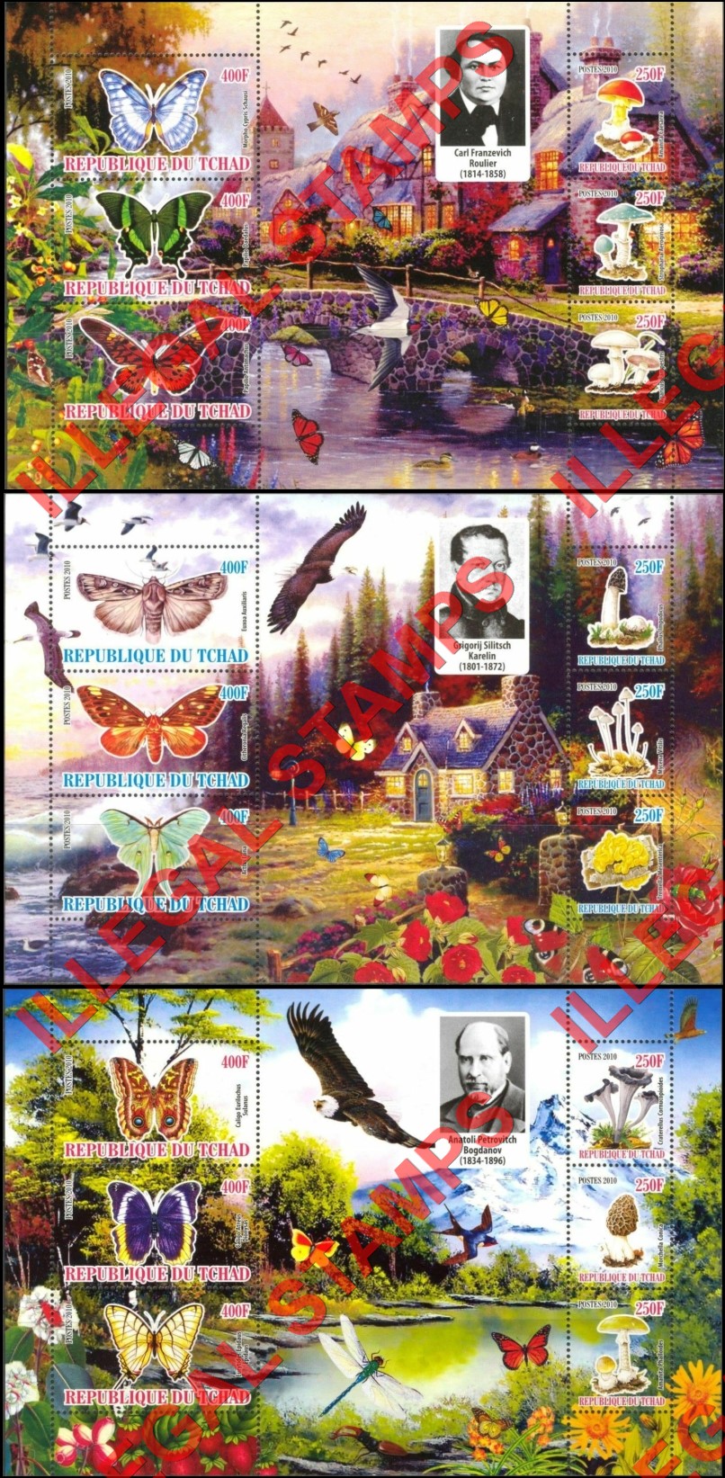 Chad 2010 Butterflies and Mushrooms Illegal Stamps in Souvenir Sheets of 6 (Part 6)