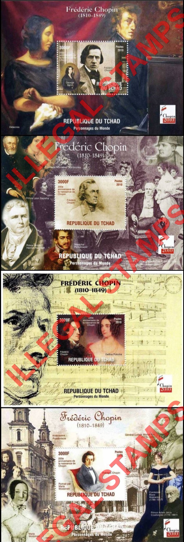 Chad 2010 Frederic Chopin Illegal Stamps in Souvenir Sheets of 1