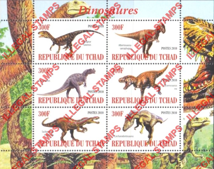 Chad 2010 Dinosaurs Illegal Stamps in Souvenir Sheet of 6