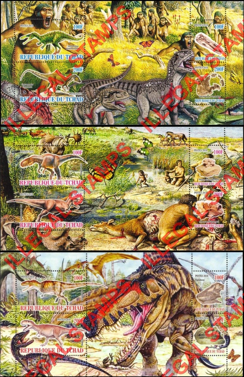 Chad 2010 Dinosaurs and Fossils Illegal Stamps in Souvenir Sheets of 4