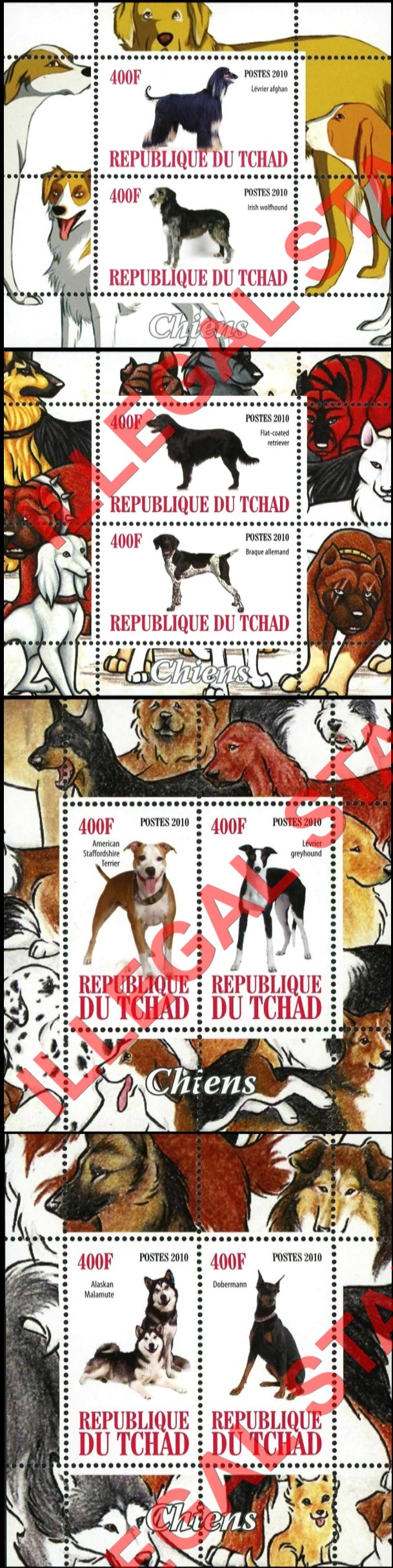 Chad 2010 Dogs Illegal Stamps in Souvenir Sheets of 2