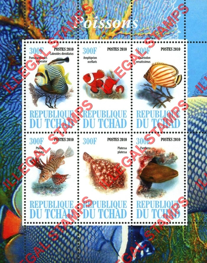 Chad 2010 Fish Illegal Stamps in Souvenir Sheet of 6
