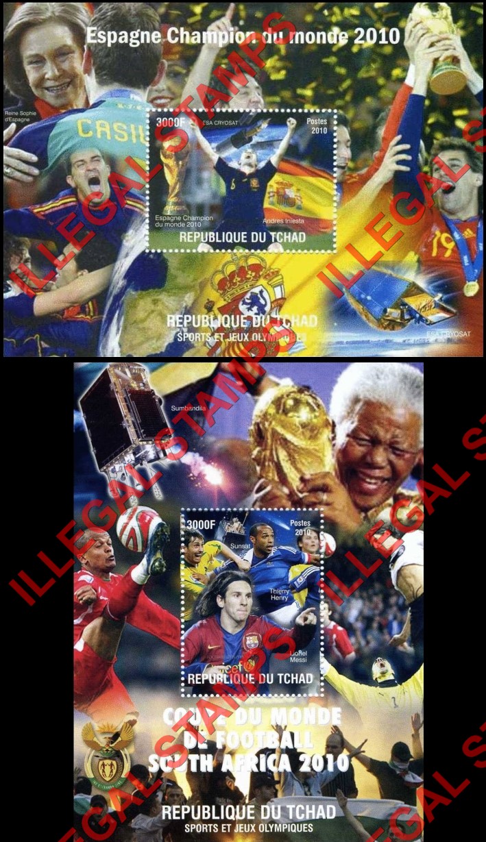 Chad 2010 Football Soccer Illegal Stamps in Souvenir Sheets of 1