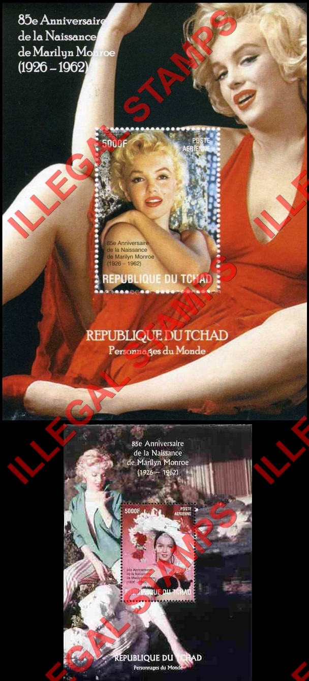 Chad 2010 Marilyn Monroe Illegal Stamps in Souvenir Sheets of 1