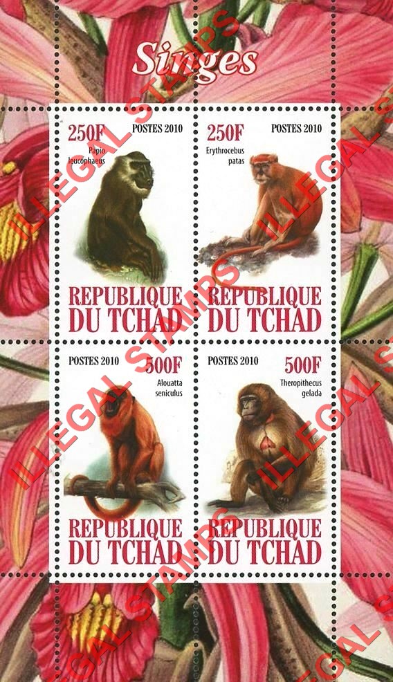 Chad 2010 Monkeys Illegal Stamps in Souvenir Sheet of 4