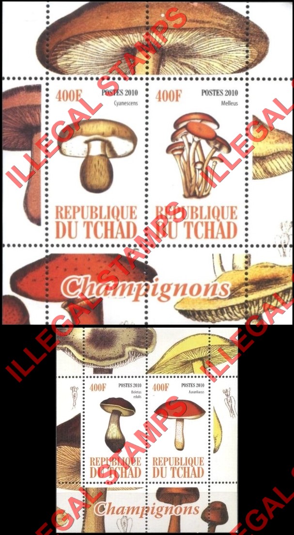 Chad 2010 Mushrooms Illegal Stamps in Souvenir Sheets of 2