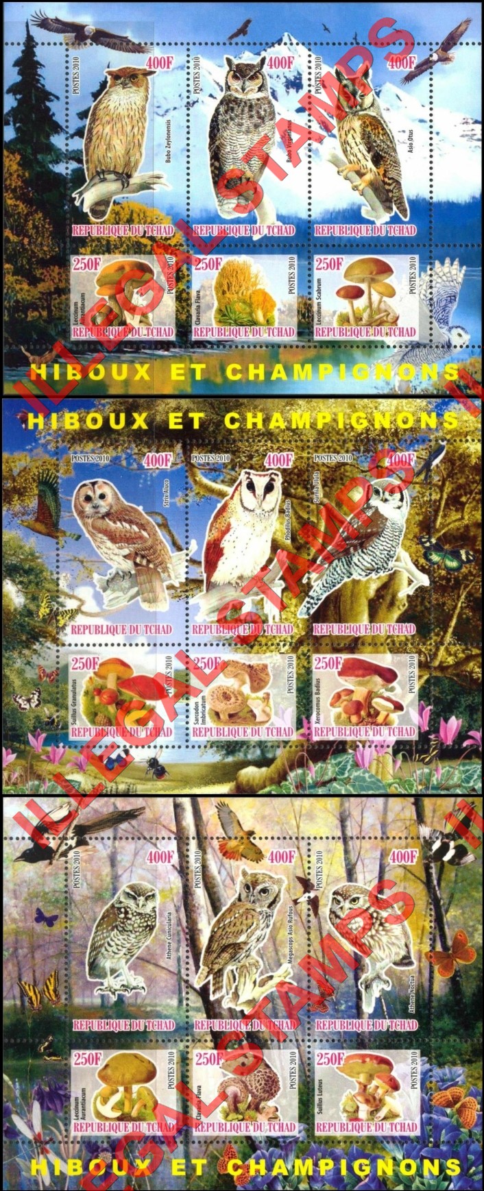 Chad 2010 Owls and Mushrooms Illegal Stamps in Souvenir Sheets of 6