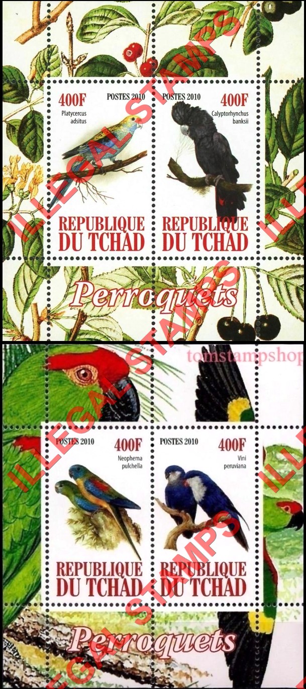 Chad 2010 Parrots Illegal Stamps in Souvenir Sheets of 2