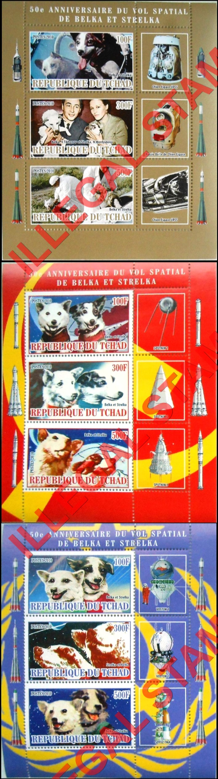 Chad 2010 Space Dogs Illegal Stamps in Souvenir Sheets of 3 Plus 3 Labels