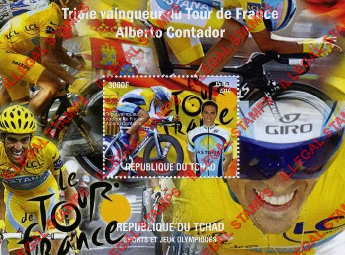 Chad 2010 Tour de France Cycle Race Illegal Stamps in Souvenir Sheet of 1