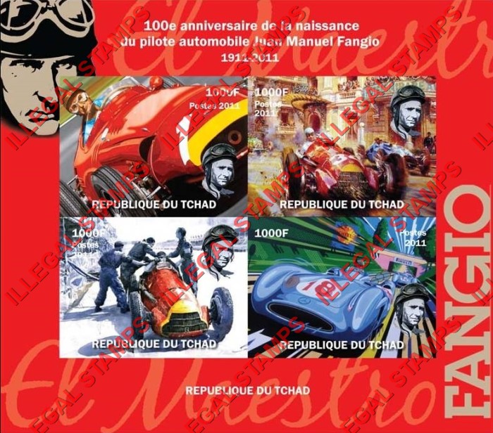 Chad 2011 Juan Manuel Fangio Automobile Race Car Driver Illegal Stamps in Souvenir Sheet of 4