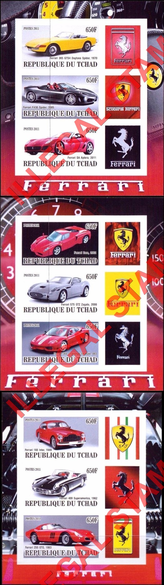 Chad 2011 Ferrari Illegal Stamps in Souvenir Sheets of 3 Plus 3 Labels