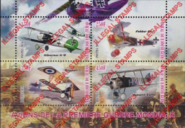 Chad 2011 Airplanes of World War I Illegal Stamps in Souvenir Sheet of 4