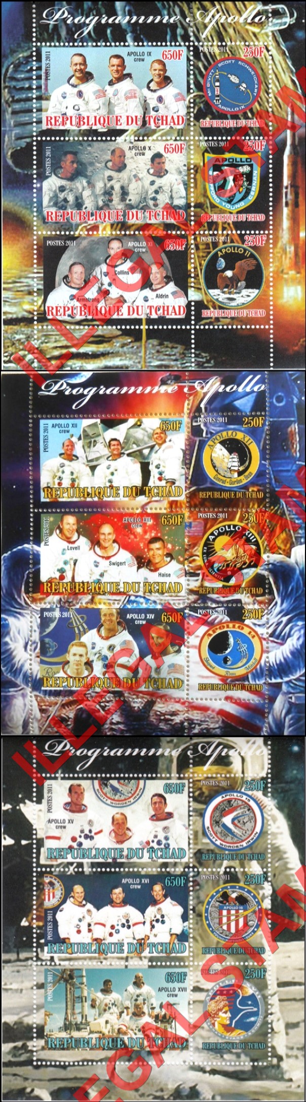Chad 2011 Apollo Program Illegal Stamps in Souvenir Sheets of 6