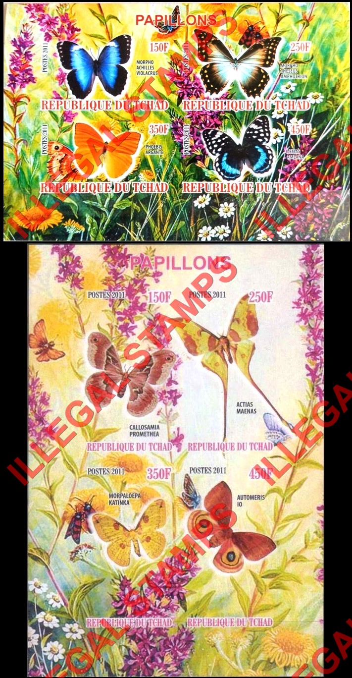 Chad 2011 Butterflies Illegal Stamps in Souvenir Sheets of 4