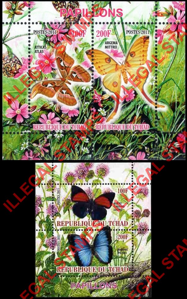Chad 2011 Butterflies Illegal Stamps in Souvenir Sheets of 2