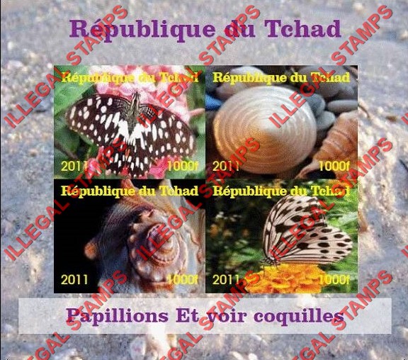 Chad 2011 Butterflies and Shells Illegal Stamps in Souvenir Sheet of 4