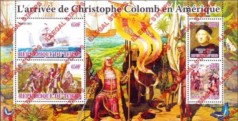 Chad 2011 Christopher Columbus Arrival in America Illegal Stamps in Souvenir Sheet of 4